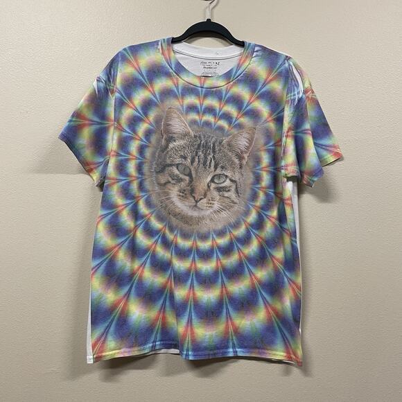 Gildan Womens Multicolor T-Shirt Rainbow Cat Short Sleeve Crew Neck Size Large - Picture 1 of 7